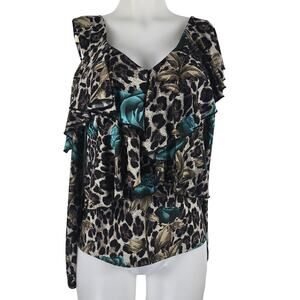 Venus Animal Print Turquoise Floral  1 Cold Shoulder Women's Blouse L
